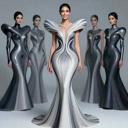 a beautiful arabian woman wearing a futuristic dress by alexander mcqueen, thom browne, karol bak, ayami kojima, artgerm, arabian beauty, blue eyes, smile, futuristic, organic dress, pattern, concept art, fantasy