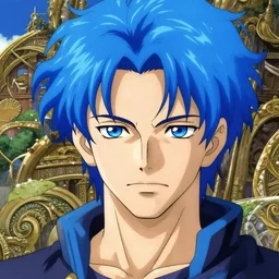 a anime portrait of a man with flaming blue hair, blue eyes, finely detailed features, sharp focus, perfect art, scenic background, intricate, anime, illustration, artstation, trending on pixiv fanbox, painted by greg rutkowski, studio ghibli, yoji shinkawa, hayao miyazaki,