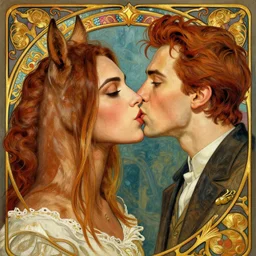 young alison brie kissing bojack horseman, painted by artgerm and greg rutkowski and alphonse mucha. clear highly detailed face, beautiful sci fi art,