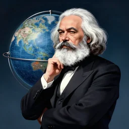 Karl Marx pondering his orb, solar punk