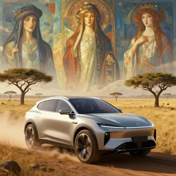 a concept suv designed by dolorean driving through african savanna, artgerm and greg rutkowski and alphonse mucha, an epic fantasy, volumetric light, detailed, establishing shot, an epic fantasy, trending on art station, octane render, midsommar