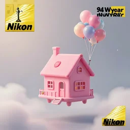 a 5 0 mm lens photograph of a cute pink floating house, floating by tiny vibrant ballons, inspired by the movie up. mist, playful composition canon, nikon, award winning, photo of the year