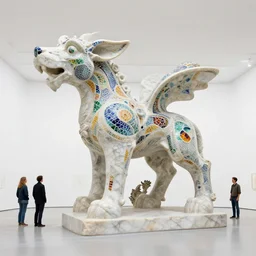 establishing wide view shot of stunning massive intricate fascinating sculpture of an abstract marble creature with colored glass mosaic tiles by * francesco somaini * in huge empty white space. with collaboration of ellen jewett, zhelong xu, sayaka ganz