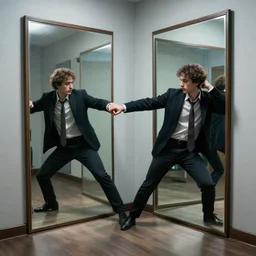 man half way in a mirror portal being pulled into a mirror by his mirror self