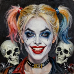 close up face of an extremely beautiful face portrait, masterpiece! oil on canvas, death and robots, harley quinn, artgerm, norman rockwell, craig mulins, trending on pxiv,