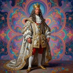 beautiful oil painting, full length portrait of dwayne the rock Johnson as Louis xiv in coronation robes 1701, Dan Mumford, Dan Mumford, Alex grey, hyacinthe rigaurd, highly detailed , lsd visuals, dmt fractal patterns, visionary art, psychedelic art, ornate, vaporwave, baroque, Greg rutkowski