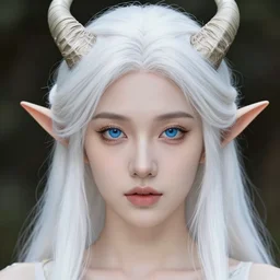 a photorealistic portrait of a beautiful elf, professionally retouched, soft lighting, hyper realistic, hyper detailed blue eyes, beautiful white detailed hair, devil horns, wide angle, sharp focus, 8 k high definition, 6 4 megapixels, insanely detailed, stunningly beautiful