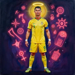 full body portrait of ronaldo phenomenon wearing yellow jersey with the number 9 by mandy jurgens, cartoon, oil painting, visionary art, magic symbols, holy halo, neon ambient lighting, high detail, dark vibrant colors