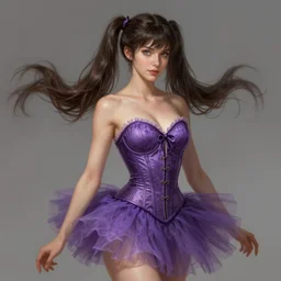 brunette fairy woman, pigtails hair, wearing purple corset and tutu, d & d, fantasy, highly detailed, digital painting, trending on artstation, concept art, sharp focus, illustration, art by artgerm and rosstran