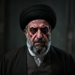 potrait of khamenei looking like demon, miserable, horror, dark high detail, sharp high detail, artstation, felix englund, dark atmosphere, artstation