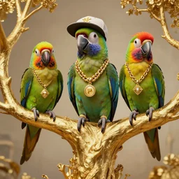 parrots wearing golden rings and necklaces, with rap cap on head, rapping and sitting on golden trees, rap scene, medieval concept art, trending on artstation, highly detailed, digital art, 8 k
