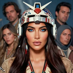 portrait cartoon render of a strikingly gorgeous assiniboine and mandan kim kardashian with blue eyes and long dark brown hair and thin lips, wearing an intricate gundam helmet, rossdraws, artgerm, norman rockwell, emiliano ponzi, epic composition, hd, octane, unreal engine, volumetric lighting, light rays, masterpiece, award - winning