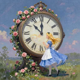 Alice in Wonderland,Clock,Rose twining,out of time and space,dreamy, eternity, romantic, epic, artstation, highly detailed, in the style of Monet