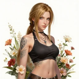concept art of aerith gainsborough with tattoos, amongst flowers, high quality, detailed, trending on artstartion