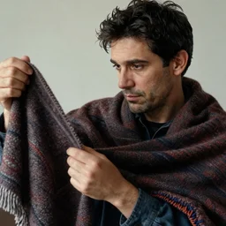 a man with a slight stubble is lookin through the shawl, photo by Annie Leibovitz,
