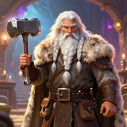 a dwarf warrior with long white hair, white braided beard, holding a battle hammer, a lot of pockets, fur cape, tavern background, magical, bright, colorful, fantastic lighting, amazing details, 4 k uhd, illustration by ilya kuvshinov and geoffrooy thoorens, artstation, dnd, character concept art,