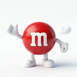 a single red m & m candy with white arms and legs, a red sphere