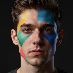 face of a man, with colorful geometric patterns, volumetric dramatic light, dark black background, sharp focus, highly realistic, octane render, art by greg rutsowski