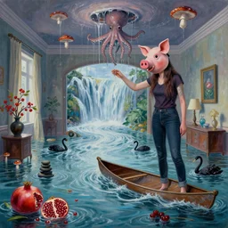 tall female emo artist wearing a pig mask in her flooded apartment, mushrooms, octopus, water gushing from ceiling, painting of flood waters inside an artist's apartment, a river flooding indoors, pomegranates, ikebana, zen, rapids, waterfall, black swans, canoe, berries, acrylic on canvas, surrealist, by magritte and monet