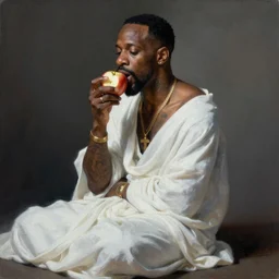 Surreal Painting of Rick Ross eating an Apple, Dramatic, Volumetric Lighting, Digital Art Trending on Artstation, full body, beauty, holy, sacred, seductive, purity
