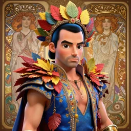 freddie mercury in intricate detailed costume and scenery, cute anime, colors blue, red yellow shaman costume, 3 d render, hyper realistic detailed portrait, big flocking color leaves, ornate leaves headpiece, elegant, masculine intense colors and ink pen, ruan jia, by moebius, fantasy, hyper detailed, octane render, lumion render, concept art, by mucha, by henri rousseau