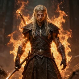 the flame giant from elden ring, long hair with dirty skin