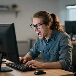 Programmer nerd screaming at the computer, long hair and ponytail, realistic photo