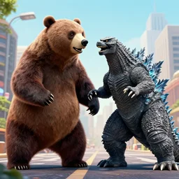 a giant angry bear fighting with giant godzilla in the city, photomanipulation, photoshop, digital art