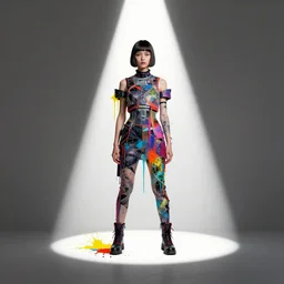 contemporary minimal collage of a cyberpunk girl, spotlight, paint drips, mixed media, paint splatter, vibrant colors, futuristic clothing, rule of thirds, by john baldessari, max ernst, david maljkovic