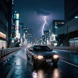 a single trans am, speeding down tokyo highway in the rain, night time, neon lights, thunderstorm, movie still from the film bladerunner