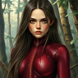 girl with long hair in burgundy python snake skin bodysuit in forest biome. highly detailed, digital painting, watercolor, soviet realism, engraving, artstation, concept art, smooth, sharp focus, vivid grunge, manga, illustration, unreal engine 5, 8 k, art by bilibin and kilian eng and kuvshinov and malevich and mucha