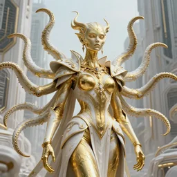 a photo of 8 k ultra realistic corrupted lovecraftian golden humanoid queen standing next to a white and gold cyberpunk city, 8 intricate white and gold tentacles, face enhance, ornate white and gold armour, cinematic lighting, trending on artstation, 4 k, hyperrealistic, focused, extreme details, unreal engine 5, cinematic, masterpiece