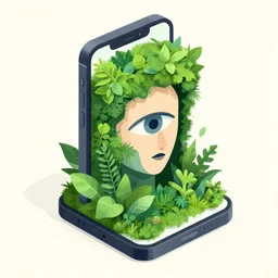 ( ( dither ) ), editorial illustration portrait of an isometric iphone with lush foliage overgrowth, all seeing eye, modern art deco, ( ( mads berg ) ), christopher balaskas, victo ngai, rich grainy texture, detailed, dynamic pose, matte print, risograph, halftone dots, unreal engine