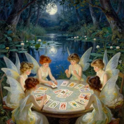 a group of gracious winged fairies playing cards on a table in an atmospheric moonlit forest next to a beautiful pond filled with water lilies, artwork by ida rentoul outhwaite, fairies have wings