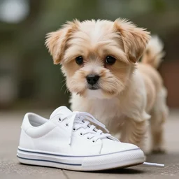 a cute dog and a white sneaker shoe with its laces undone, highly detailed, hyperrealistic, award winning, national geographic wildlife photo, bokeh, soft lighting