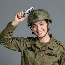 a female israeli defence force soldier holding a stapler to her head and smile by donato gianocola