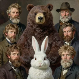 painting by sargent and leyendecker and greg hildebrandt, james gurney, apollinaris vasnetsov, savrasov levitan polenov, studio ghibli style, porcelain organic, detailed fur, bear rabbit hybrid character portrait, octane rendering