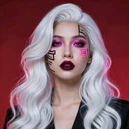 portrait of a woman, high sharpness, zeiss lens, fashion photo shoot, neon shadows, long white wavy hair, burgundy lipstick, red smoke background, they have gasoline on their face, neon eyes, black lines, ralston crawford, georgia totto o'keeffe,, artistic, beautiful face, octane rendering