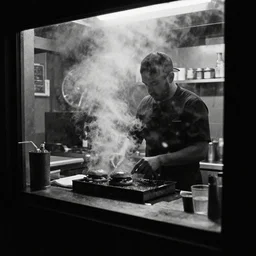 a black silhouette grainy analog black and white photo of a grill chef in a small bar in san francisco grilling burgers, smoke is filling the bar and picture was taken through the window