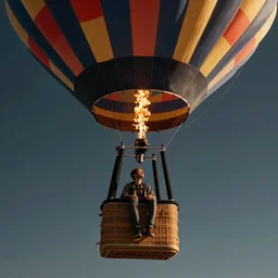single man sitting in hot air balloon and going into space, hyper realistic, in the style of greg rutsowski