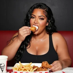 kim kardashian loves eating greasy chicken nuggets, grease running down her drippy chin, she's gobbling down fries like a thanksgiving turkey while stuffing her face with marshmallow and fried chicken legs from kfc, highly detailed obese kim fat