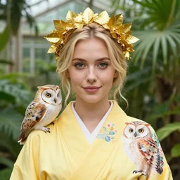 symmetry!! portrait photograph of an extremely beautiful!!!! young blonde female. shallow focus!!!. symmetric face!. round detailed eyes!!, slight smile. natural light. wearing a yellow!!!!!! kimono!! with a very detailed barn owl! on her shoulder in a tropical greenhouse. looking at the camera!!. golden crown!! made of golden leaves on her head. super resolution. extremely detailed face.