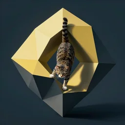 cat hanging on hyper-dimensional impossible geometric object, low detail, highly abstract, vivid, a little bit touch of M. C. Escher