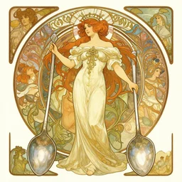 maiden of the spoons, elegant, epic, fantasy, intricate illustration by krenz cushart, alphonse mucha, artgerm, trending on artstation