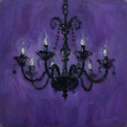 oil painting of a monstrous black chandelier swinging and moving violently to the foreground of the painting, dynamic movement, deep purple background, chiaroscuro, automatism, tachisme, violence, heavy impasto technique, painterly, dynamism, iridescence, iridescent gradient