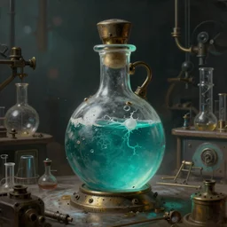 a painting of a steampunk turqoise potion bottle in a dark dusty vintage science lab, by h. r. giger, hyperrealistic fantasy art, concept matte, ethereal, dreamy, digital art, trending on artstation, volumetric cinematic lighting