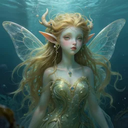 hyperdetailed underwater portrait of the garden spirit elf creature by greg rutkowski, cinematic lights, highly detailed, digital painting, artstation, smooth, sharp focus illustration, artstation hq. intricate, elegant. art by wlop and artgerm and greg rutkowski, alphonse mucha, medium shot. dan mumford, tomokazu matsuyama, takato yamamoto