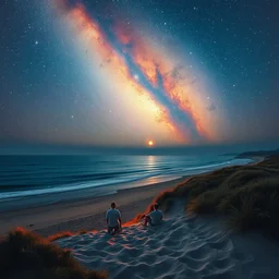 people sitting on the beach watching a meteor shower, 6 4 megapixels, 8 k resolution, hyperrealism, hypermaximalist, detailed landscape photography, coherent, hyperdetailed, hdr, thomas cole landscape, max rive photography, oil on canvas, nature photography, natural geographic, oil painting by james gurney