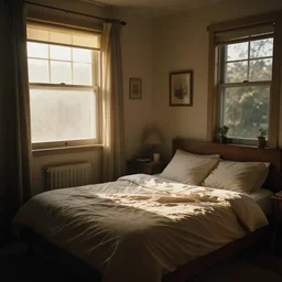 Cosy bedroom, dimly lit by sunlight from the windows, cosy, relaxing