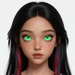 eldritch goddess, soft plump face, black hair with red and blue streaks, neon green eyes with black pupils, tan skin with freckles, arcane symbols, hyper realistic character art by johannes voss, seb mckinnon, stanley lau, scott m fischer, huang guangjian, igor kieryluk, pete morhbacher, and sakimi chan